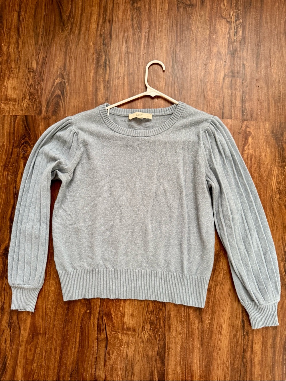 LOFT Pale Blue Puff-Sleeve Crewneck Sweater, Size Large Petites